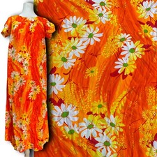 Vintage 1960s-1970s Hawaiian Muumuu Dress Orange Daisy Floral Maxi Hostess Dress