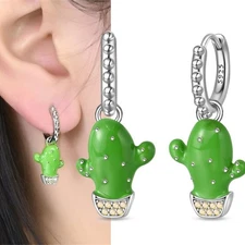 KUNSIR 925 Sterling Silver Cactus Dangle Hoop Earrings For Women Jewelry Gifts