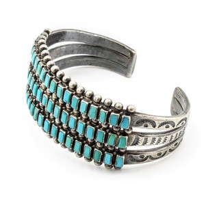 Southwest Sterling Blue Turquoise Hand Stamped 5.5in Cuff Bracelet #S6095 5