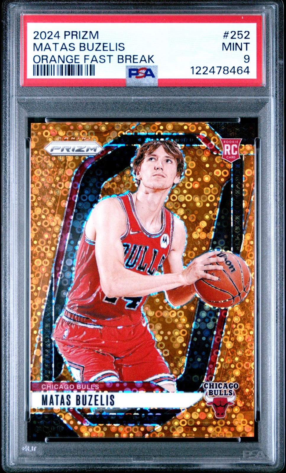 Matas Buzelis 2024-25 Panini Prizm #252 Fast Break Orange Prizm /125 (RC) PSA 9