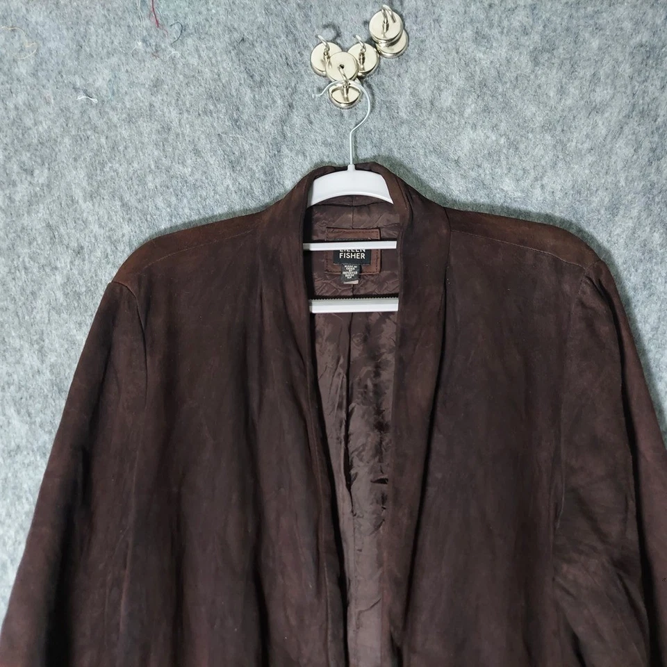 Chaqueta Eileen Fisher 100% Gamuza Cabra M Marrón Frente Abierto Blazer Forrado Occidental Foto 2 de 4