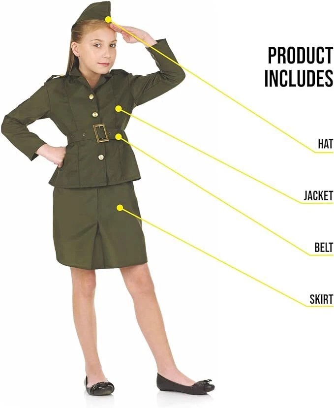 Niños Segunda Guerra Mundial Ejército Niña Uniforme Niños 1940s Soldado Militar Halloween Vestido Elegante Foto 3 de 4