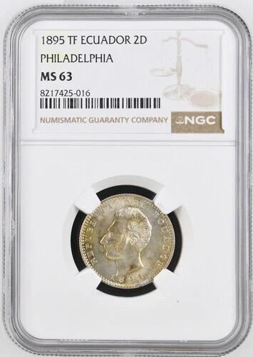 ECUADOR  2  DECIMOS  1895 TF  PHILADELPHIA  KM # 51.4  NGC MS 63.