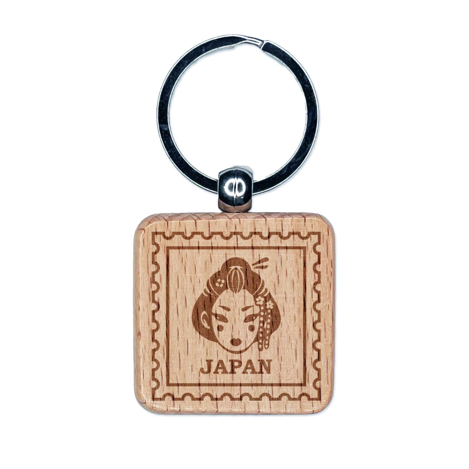 Japan Travel Japanese Geisha Woman Head Engraved Wood Square Keychain Tag Charm