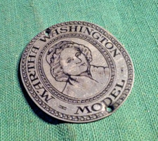 Vintage Martha Washington Model Sewing Tin Metal Oval Tag Portrait as Logo