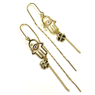 14K Gold Plated Hamsa Hand Threader Earrings Oro Laminado Mal De Ojo Aretes