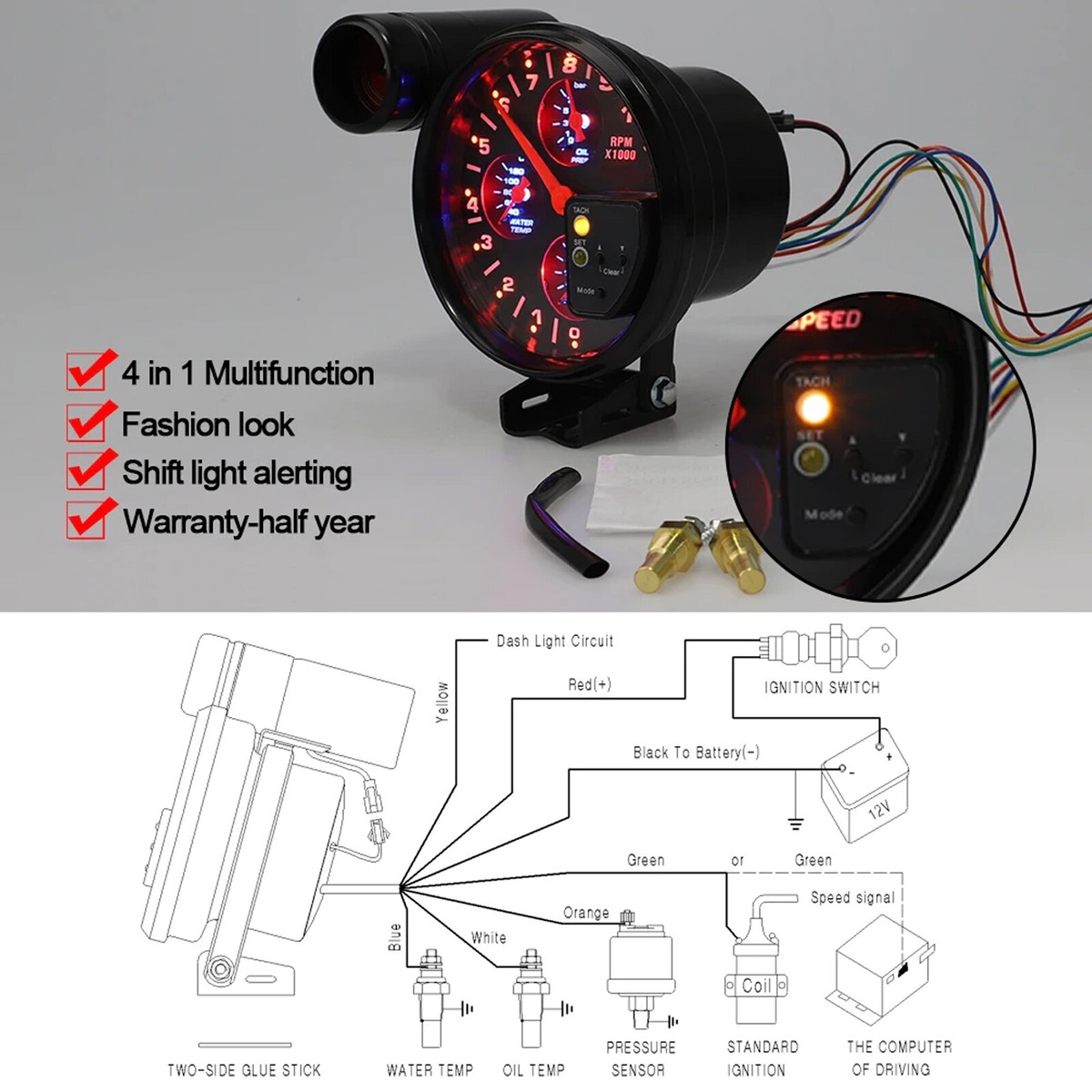 5TA Series 125mm – 5 Function In 1 Gauge – ( Tachometer & Water Temp & Oil Temp & Oil Pressure & Volt Light ) / 10 Colors - Foto 8