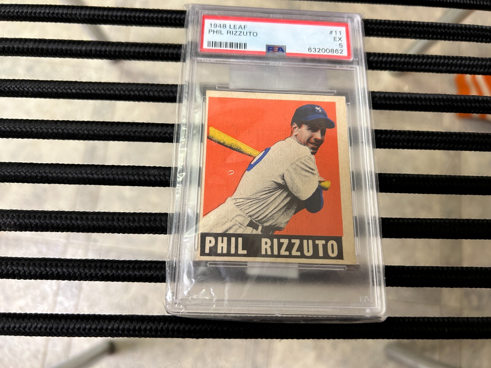 original 1948 LEAF BASEBALL CARD of PHIL RIZZUTO # 11..PSA EX 5