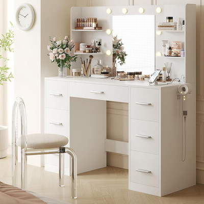 Elegant Vanity Desk with Mirror, Lights, Power Outlet & 7 Drawers - White