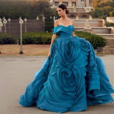 Turquoise Off Shoulder Formal Gown Large 3D Floral Ruffle Pageant Prom Dress