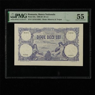 1909 29 Rumania Banca Natila 20 Lei Pick #20a PMG 55 Acerca de UNC