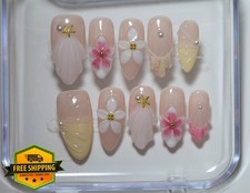 10pc Handmade Press On Nails Medium Almond French Floral Pearls XS