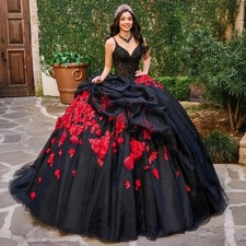 Black Quinceanera Dresses Off Shoulder Red Lace 3D Flowers Ball Gowns Sweet 16