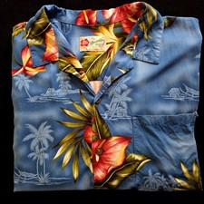 Hilo Hattie VTG Hawaiian Original Aloha Camp Shirt Blue Men's XL Made in HI EUC