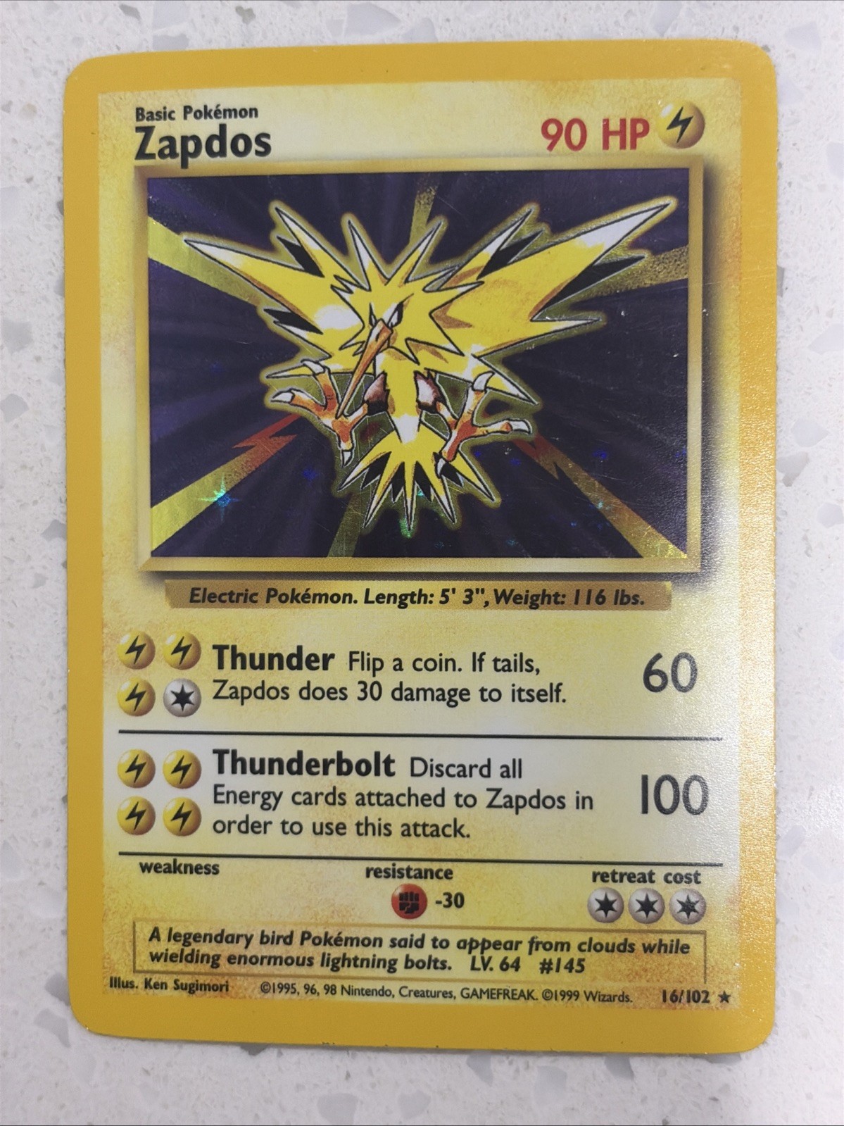 Zapdos Holo Rare 16/102 Vintage 1999 Base Set WOTC Pokémon Card TCG VLP/NM