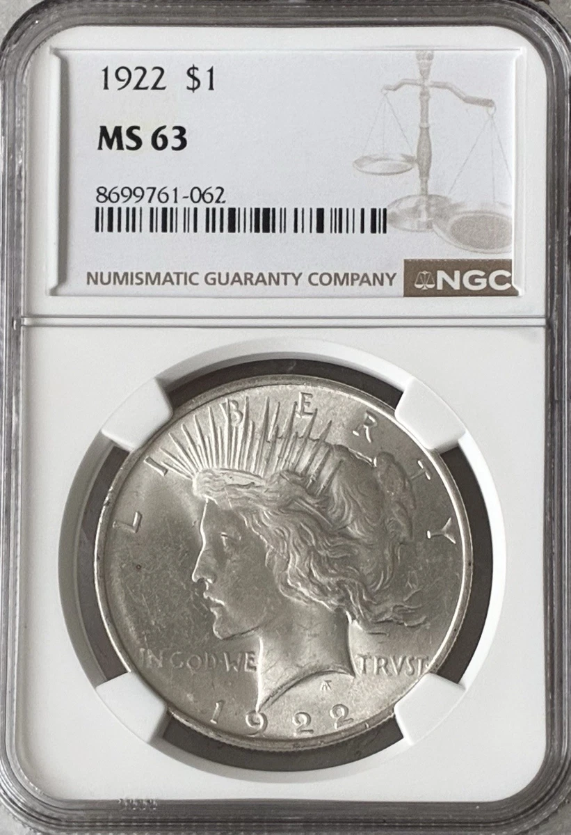 MS 63 Graded 1922 Year NGC Certified Peace Dollars (1921-1935) for