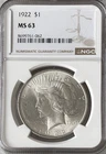 1922 P NGC MS63 Peace Silver One $1 Dollar American Coin 0.900 Fine #062