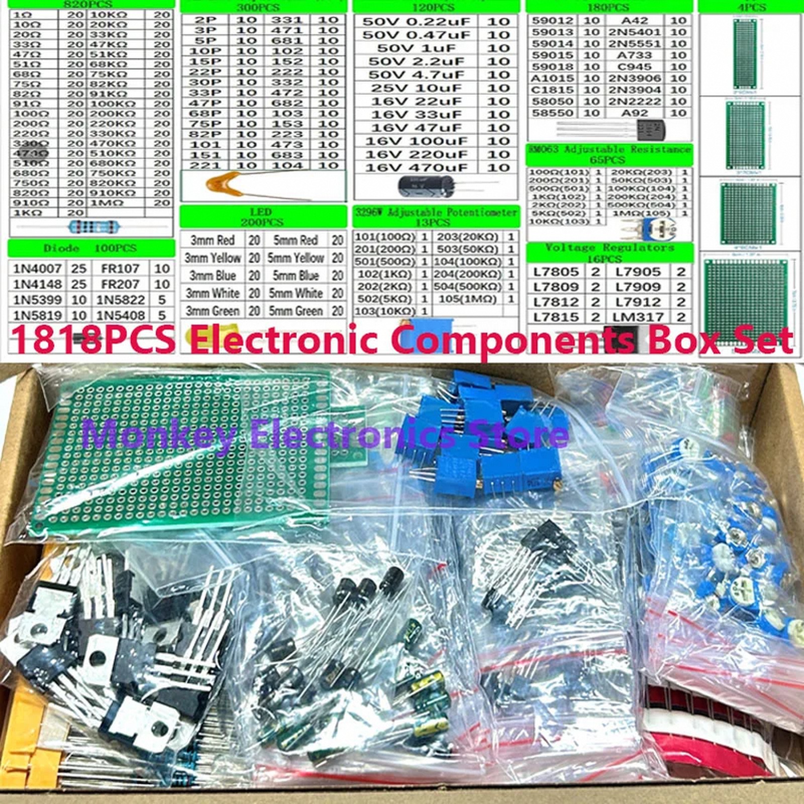 1818-piece DIY electronics components kit for learning and prototyping