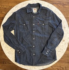 Levis Denim Western Shirt Pearl Snap Button Up Cowboy Dark Blue Size Small