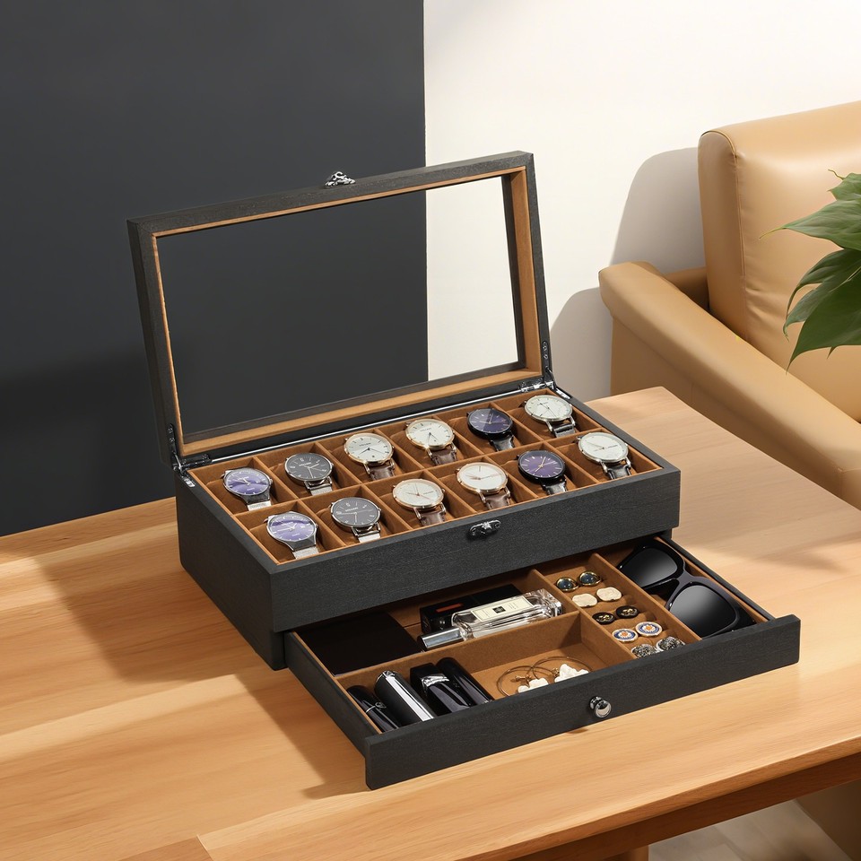 12 Slots Watch Box Solid Wood Watch Storage Case Jewelry Storage ...