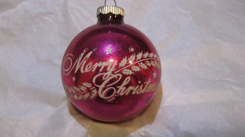 Vintage Shiny Brite Pink Merry Christmas Glass Stencil Ornament #2