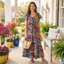 Gretchen Scott Sitting Pretty Tiered Maxi Dress Small Navy Floral Ruffle Belted