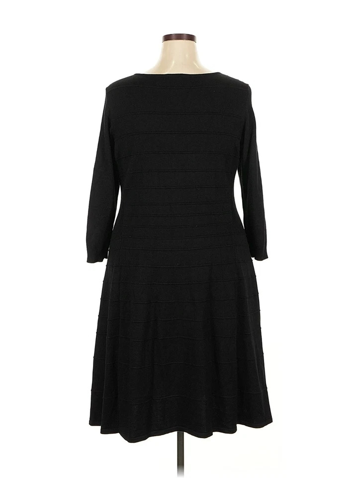 Vestido Suéter Tejido LANE BRYANT 18/20 Acanalado Cuello en V Manga 3/4 Ajuste Acampanado Negro 2x Foto 2 de 4