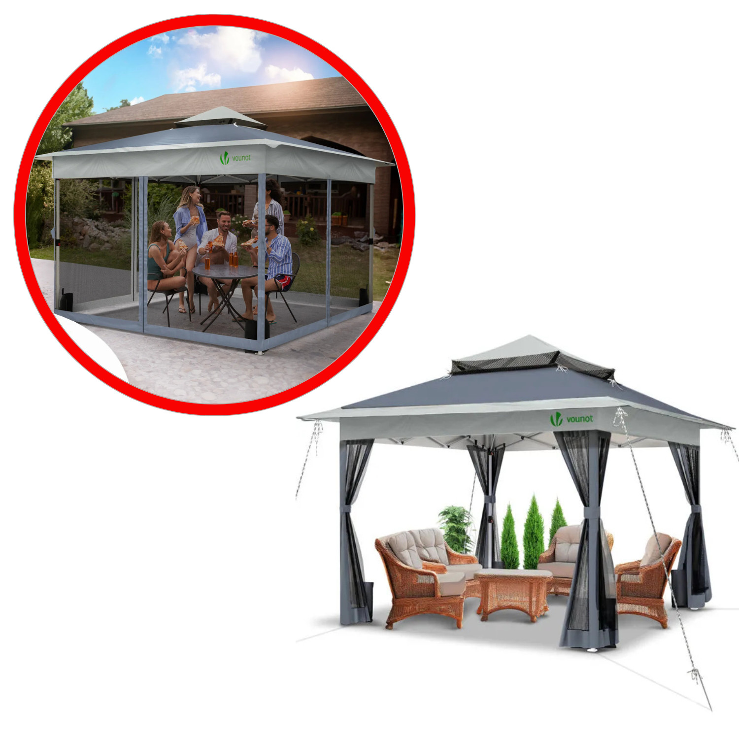 Tonnelle de jardin pliable 3,6x3,6m grise avec moustiquaire pour réception