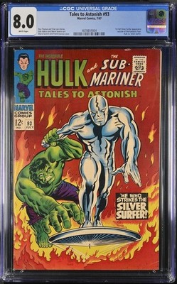 MARVEL COMICS TALES TO ASTONISH #93 CGC 8.0 WHITE PAGES HULK VS SILVER SURFER