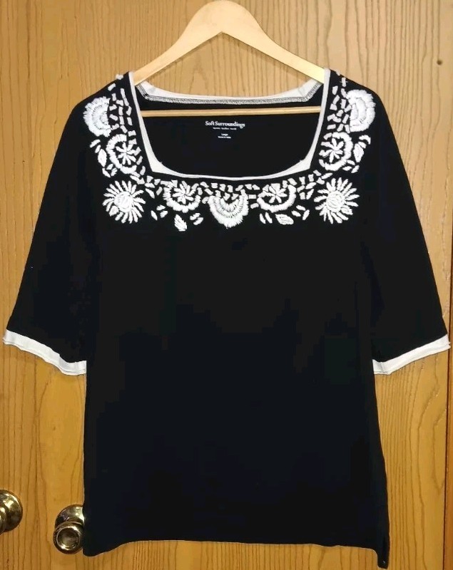Soft Surroundings 3/4 Sleeve Blouse Womens Size Large Black And White...