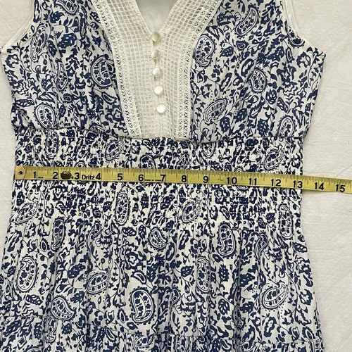 J Gee Damen Kleid lang gesmokte Taille Stufen Paisley blau weiß Gr. SP ärmellos - Bild 5 von 11