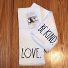 RAE DUNN White DISH TOWELS Set of 2 LOVE + BE KIND Embroidered NEW ~ FREE SHIP