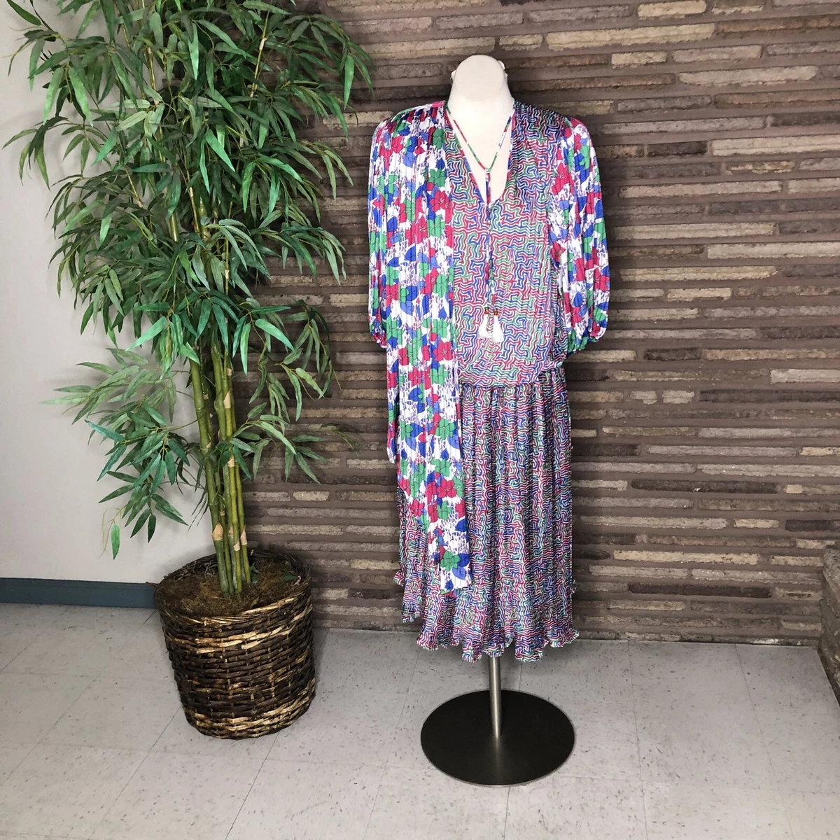 Diane Freis Vintage 80s Colorful Accordion Pleated Blouson Dress