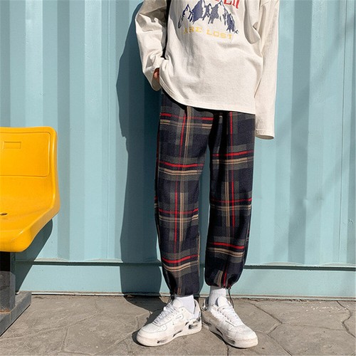 Mens Casual Plaid Pants Fitness 