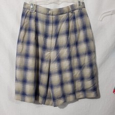 Vtg Talbots Plaid Beige Blue Womens Shorts Linen Blend High Rise Made in USA 10