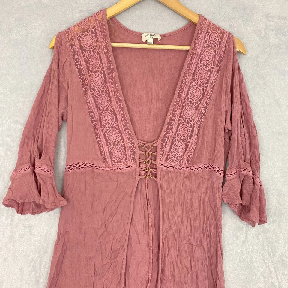 Vestido Cárdigan Plumero Umgee Midi Grande Rosa Crochet Encaje Boho Renacimiento Hippie Foto 2 de 4