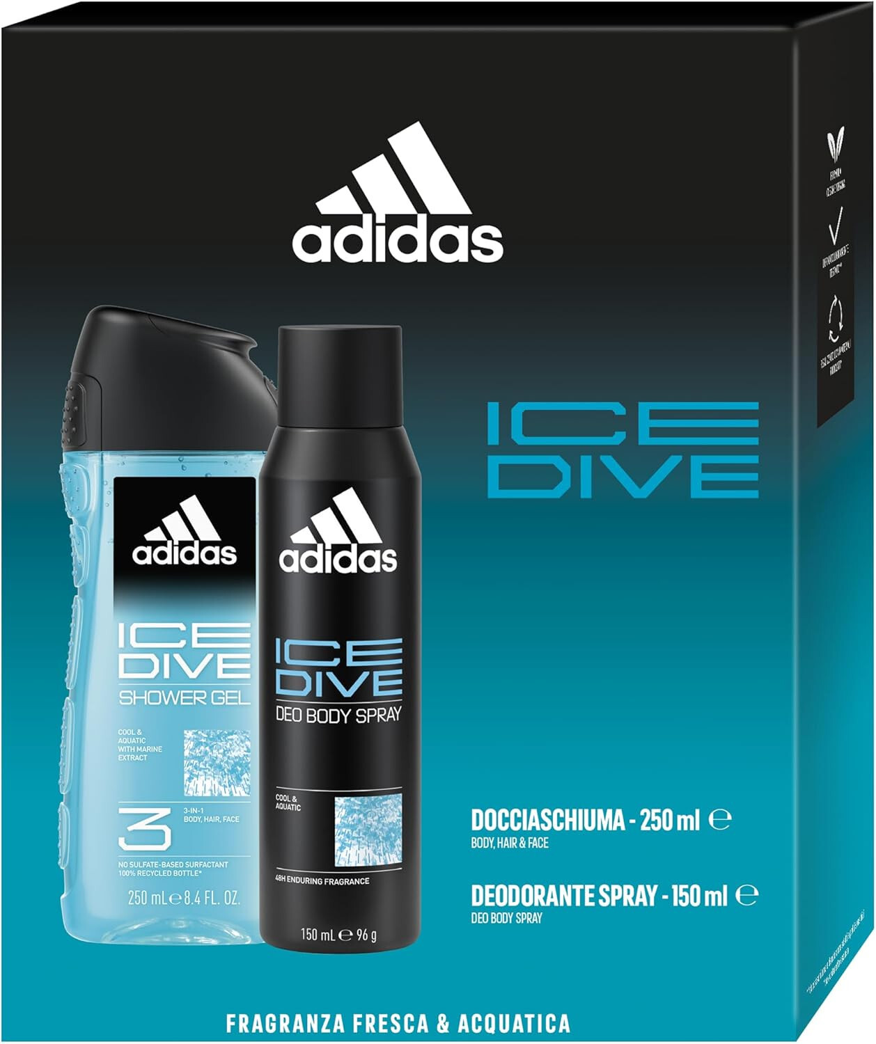 Adidas, Confezione Regalo Uomo Ice Dive Deodorante Spray 150 ml + Gel Doccia Ba