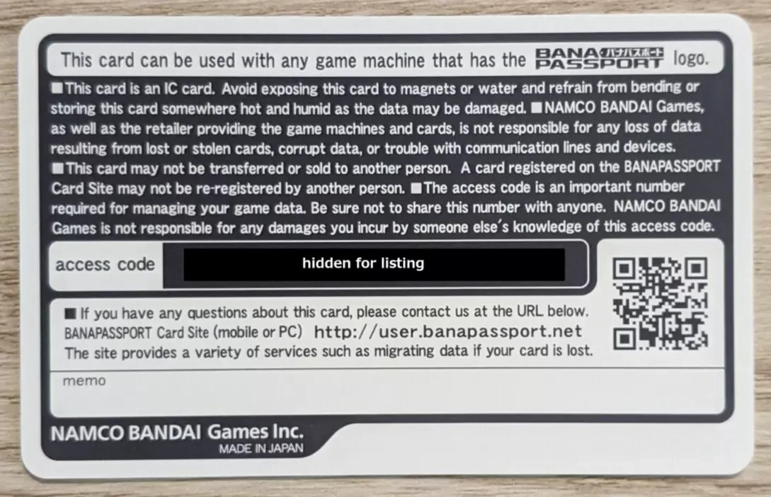Unused Bandai Namco BANAPASSPORT Card Tekken Tag Tournament 2