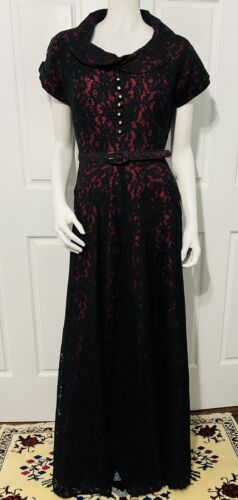 Vintage 1940's Eleanor Green California Black Lace Maroon Maxi Dress Gown XS/S