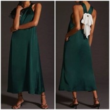 Anthropologie Maeve Emerald Green Bow-Back Halter-Neck Midi Dress Xs