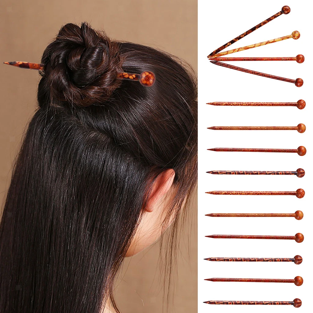 14Pcs Traditional Print Wood Wooden Hair Pin Stick Chinese Style