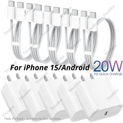 20W Adapter Block USB-C Type-C Fast Charger Cable For Android iPhone 15 Plus Lot