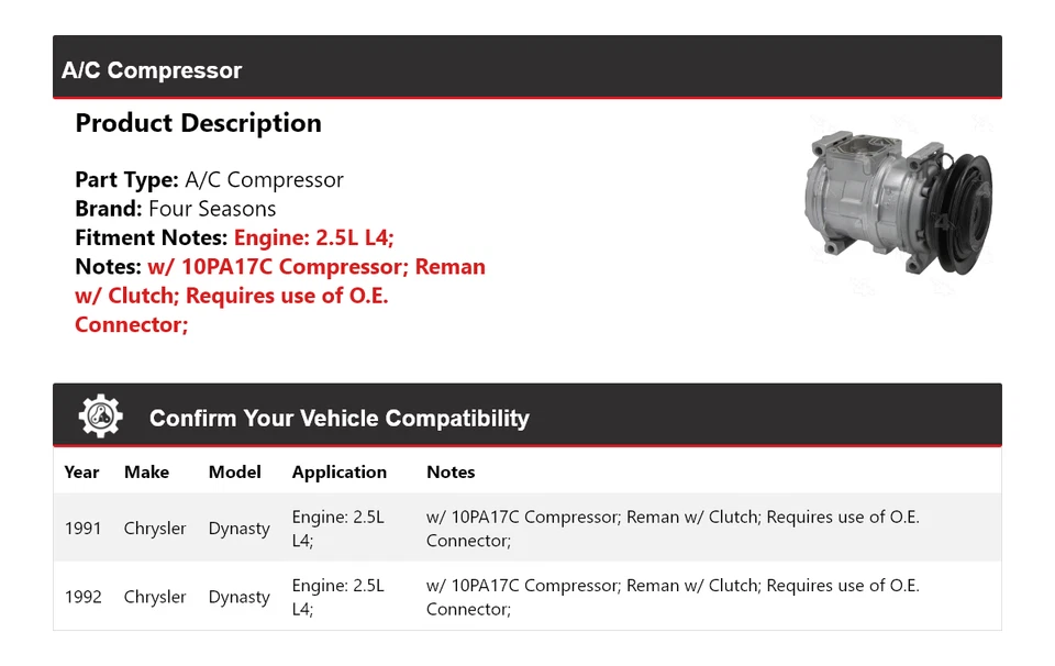 Compresor de aire acondicionado para Chrysler Dynasty 1991-1992 2,5 L L4 4 estaciones Foto 2 de 4