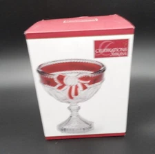 VTG Mikasa Christmas Crystal Footed Bowl Ruby Ribbon Celebrations NIB