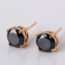 Pretty New Yellow Gold Filled 4 Prong Set 7mm Black Round CZ Stud Earrings