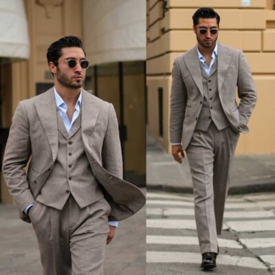 Summer Gray Men's Suits Wide Peak Lapel Jacket Pant Waistcoat Slim Custom Made