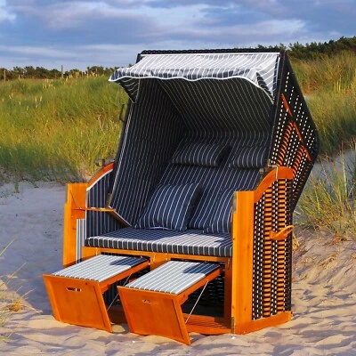 SWING&HARMONIE LED Strandkorb Luxus Volllieger Sonneninsel Rattan Ostsee Gartenliege XXL