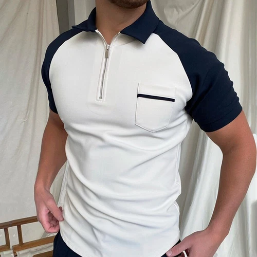 MenCasual Zip Tops Blouse Pullover T-Shirt Solid Color Short Sleeve Polo Shirts - Foto 5 di 16