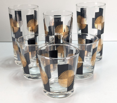 Gold Atomic Starburst Barware Glasses Black Squares Mixed Lot of 6 Mad Men 60's