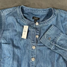 Talbots Denim Tunic Top XS Blue Long Sleeve Rhinestone Button Down NWT